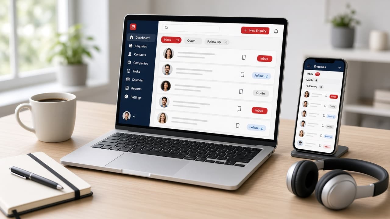 way2Sync dashboard on a laptop in an office, with the mobile app on a phone beside it