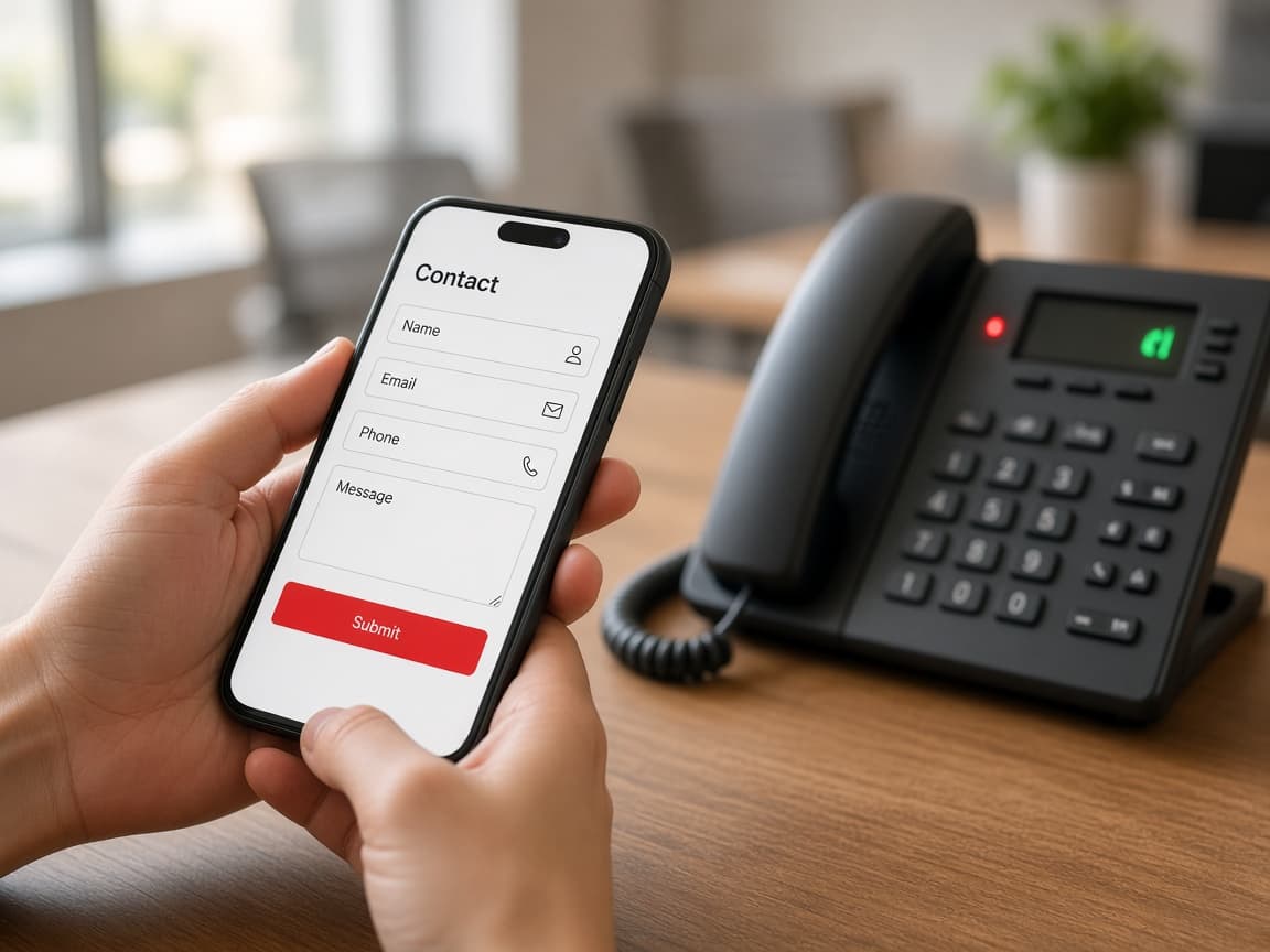 A website contact form on a phone beside a ringing desk phone