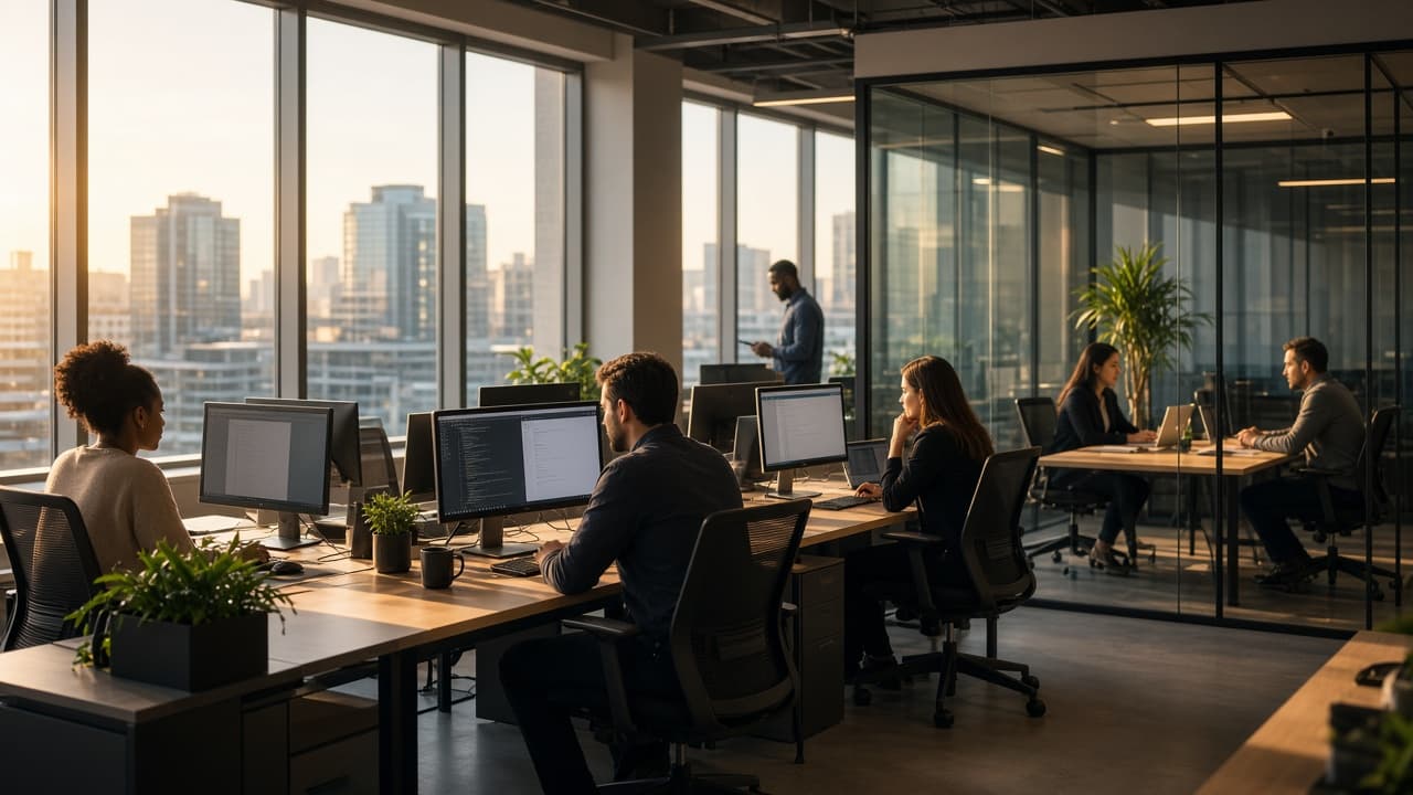 A modern office team working together on inbound leads